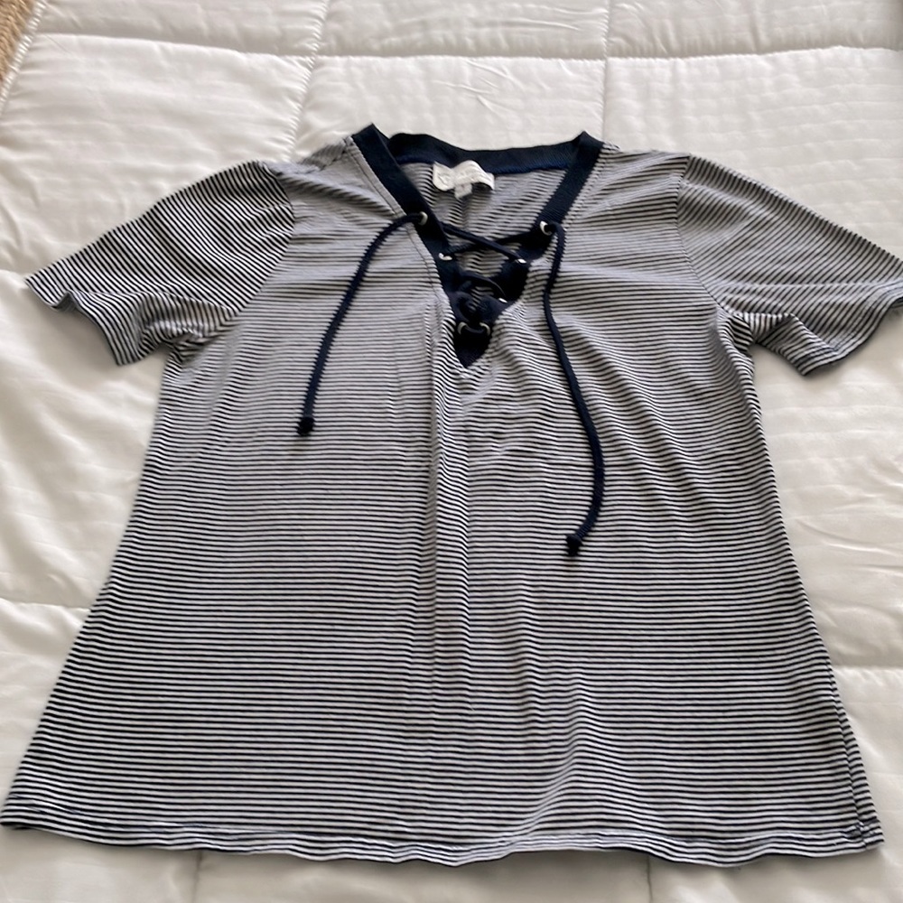 Black pink striped juniors women’s top blouse Size S